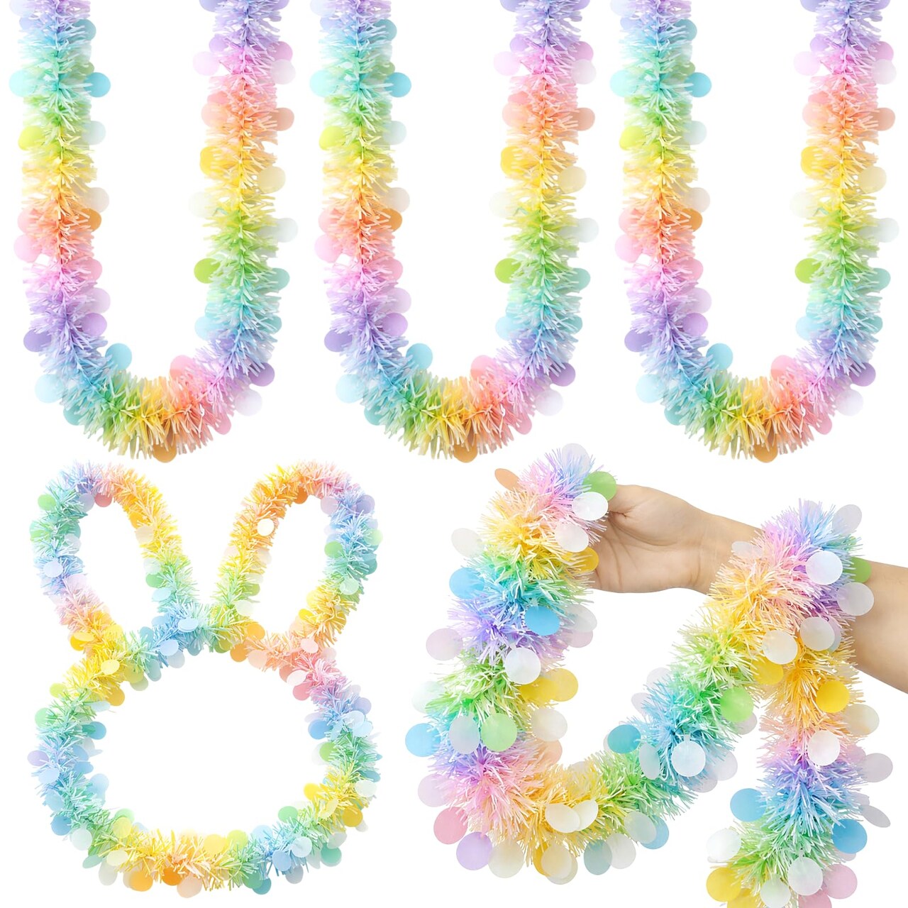 3 Pcs 49 ft Tinsel Garland Decorations Metallic Festooning Garland Glittering Sparkling for Mardi Gras Party Carnival Indoor Outdoor Hanging (Pastel Pink, Blue, Yellow, Easter)